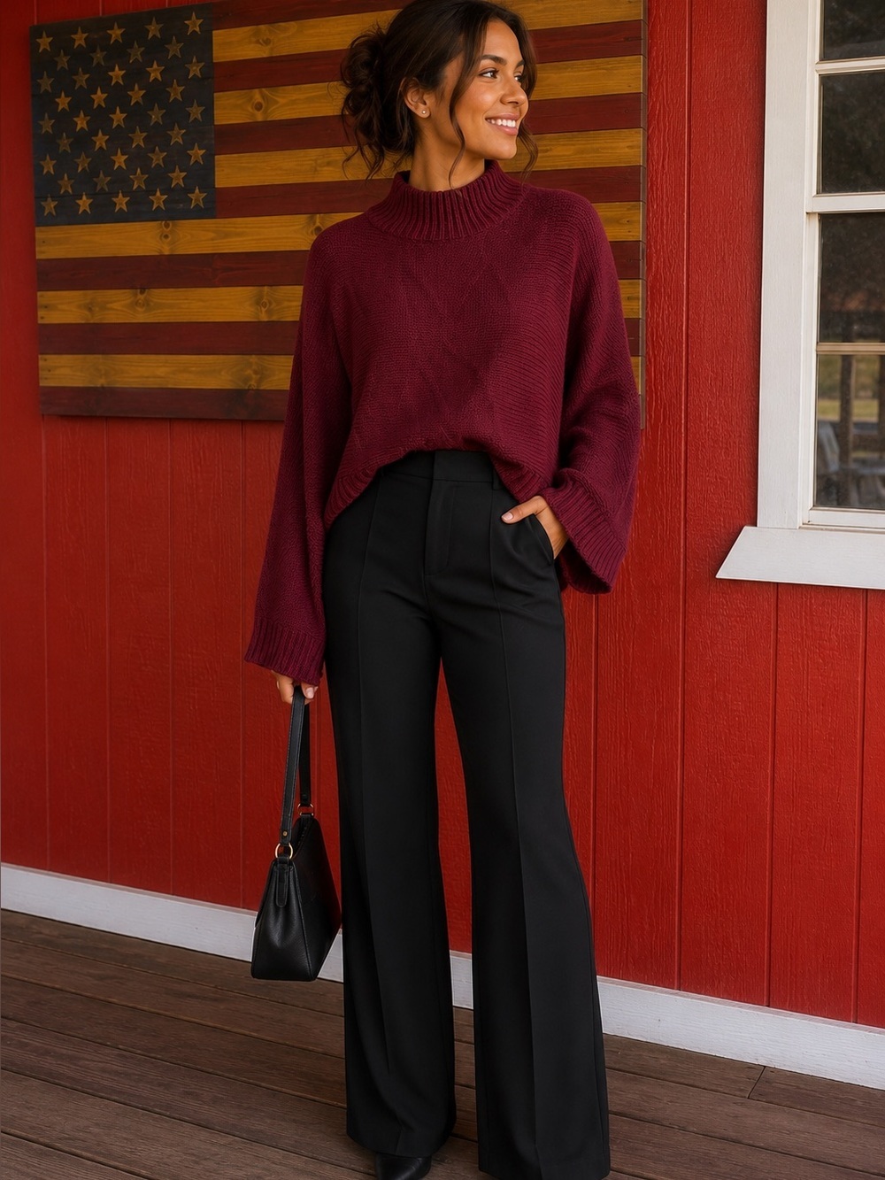 essue Wine Red Cowl Neck Knit Sweater